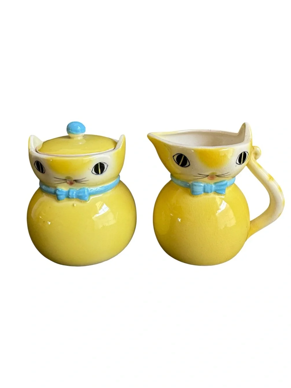 Lipper & Mann Yellow Cat Creamer Sugar Bowl Anthropomorphic Vintage 50s Kitten